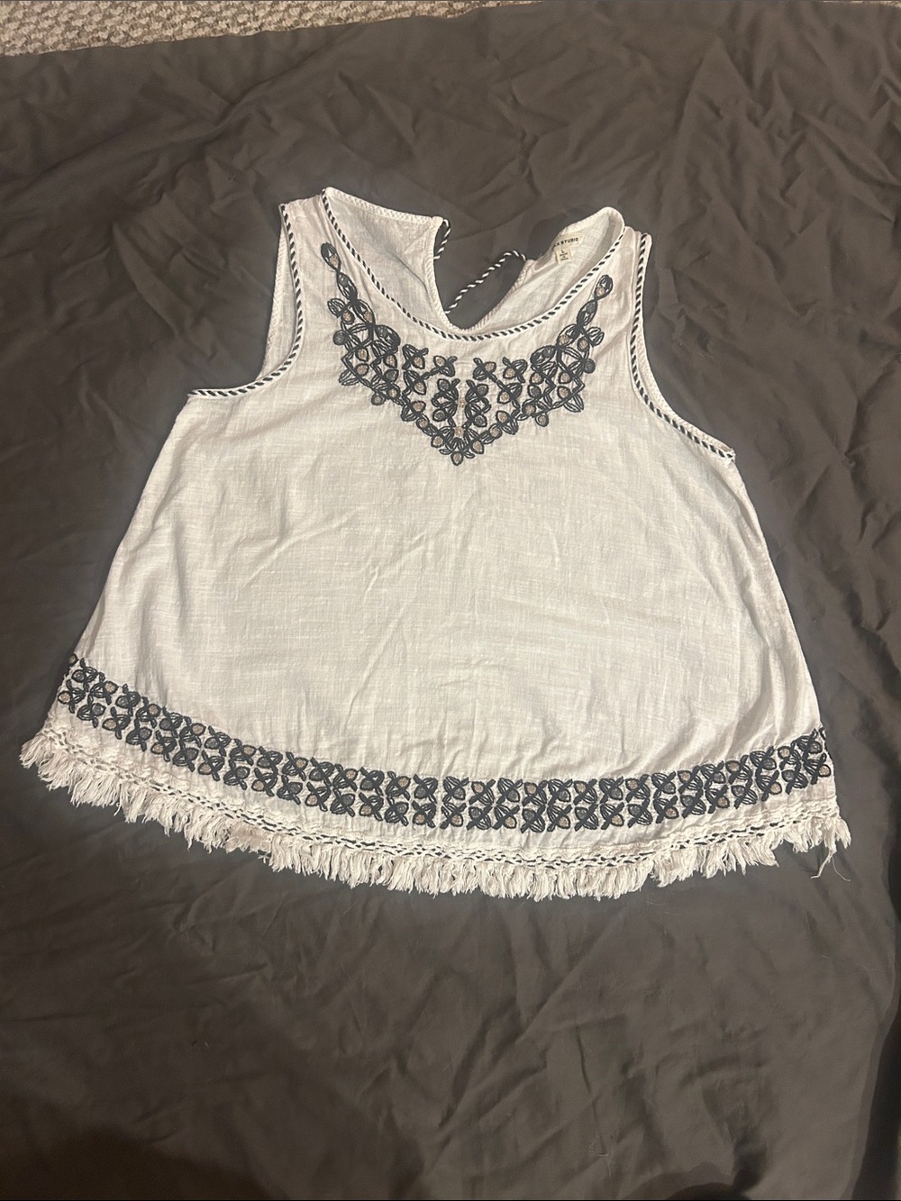 Max Studio White Tank with Navy Embroidered Yoke and Fringe Hem